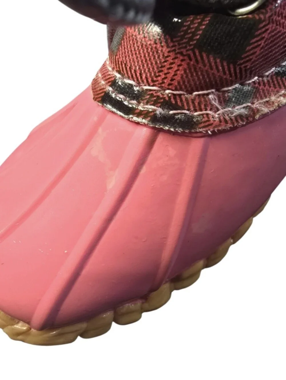 Sperry Girls Saltwater Duckie Boots Red Plaid Pattern Pink Bottom Sz.13